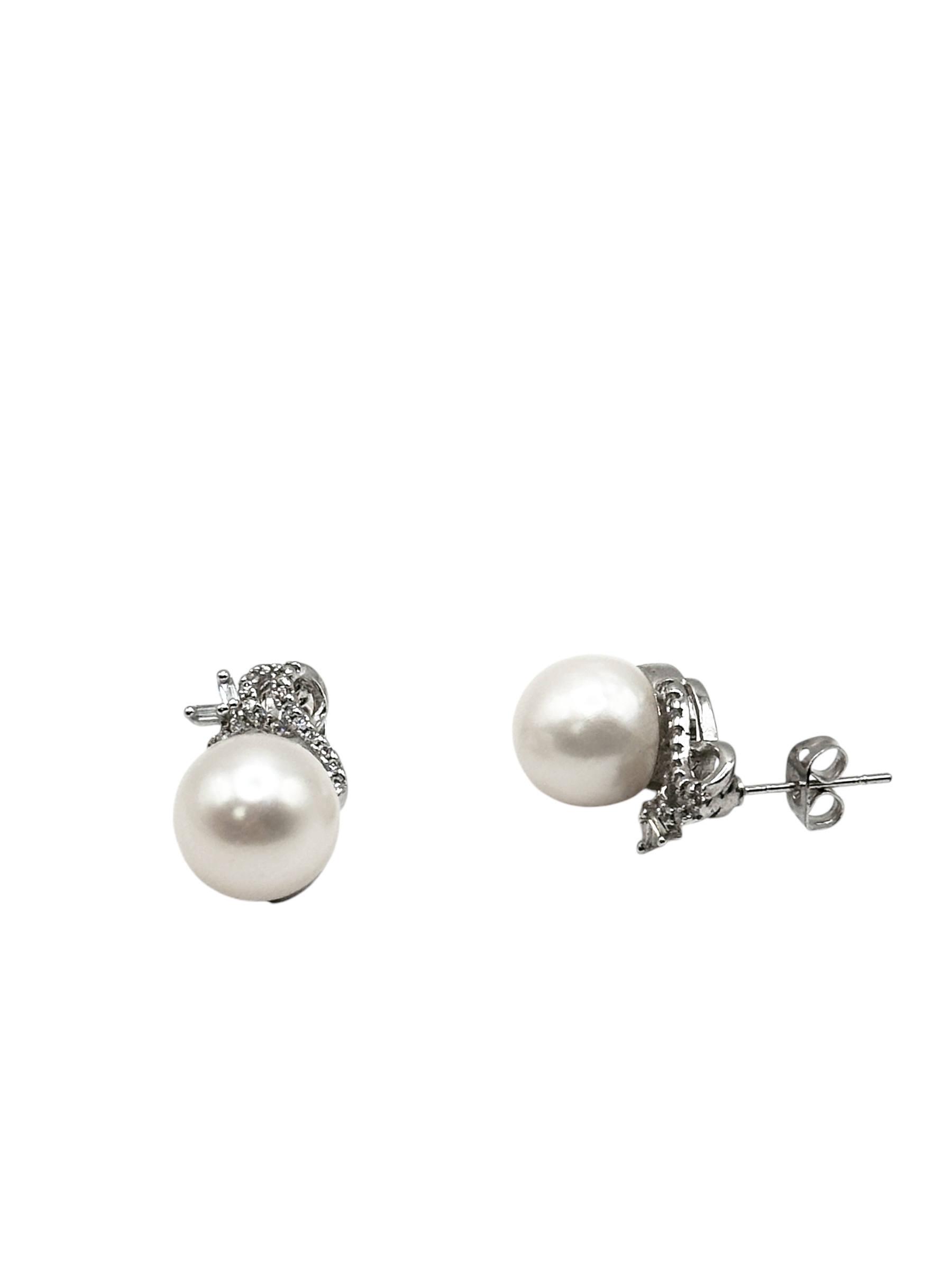 11 – 12 mm White Pearl Bow Shaped Stainless Stud Earrings